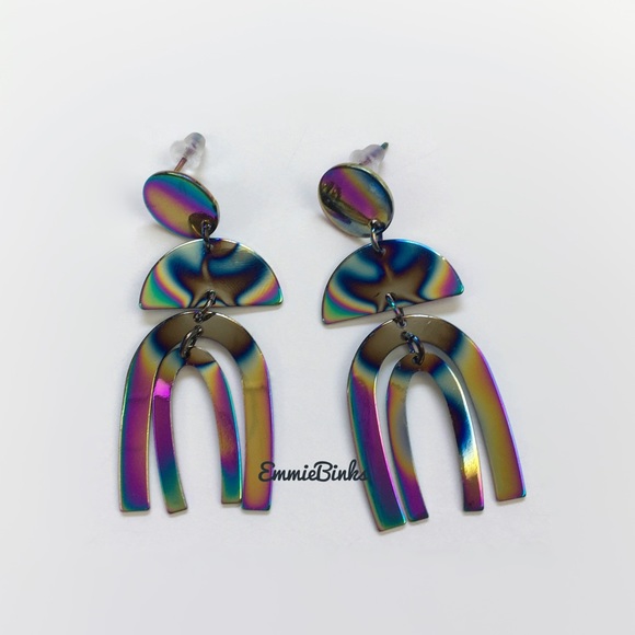 💥3for$28 New Oil Slick Holographic Rainbow Cutout Drop Earrings - Picture 6 of 10